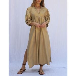 Jen's Pirate Booty High Desert Medellin Gold Striped V-Neck Boho Maxi Dress M/L